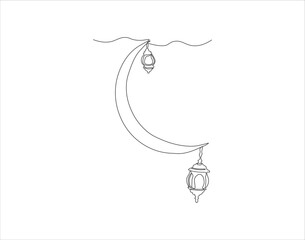 Continuous Line Drawing Of Crescent Moon For Ramadhan Element. One Line Of Crescent Moon. Moon Continuous Line Art. Editable Outline.