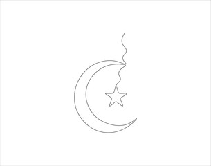 Continuous Line Drawing Of Crescent Moon For Ramadhan Element. One Line Of Crescent Moon. Moon Continuous Line Art. Editable Outline.