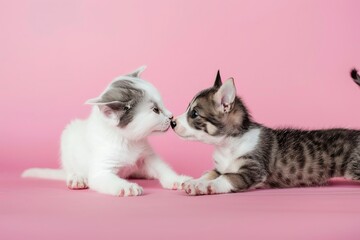 Fototapeta na wymiar a cat and a dog playing in studio on pink background geenerative ai