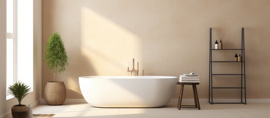 A white bathtub sits elegantly next to a window in a serene bathroom with beige walls and concrete flooring. Natural light floods in, creating a warm and minimalist ambiance.