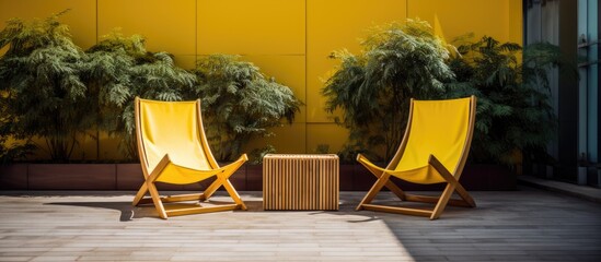 Two yellow chairs made of wood are unfolded and placed next to each other on an outdoor terrace. The bright yellow color stands out against the natural surroundings.