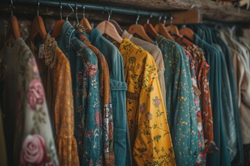 Bohemian-style clothing on a rack featuring vibrant floral patterns and rich textures.