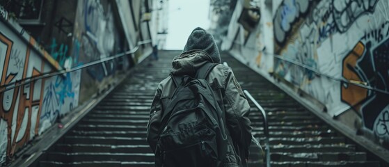 A hooded figure with a backpack ascends a graffiti-covered staircase, suggesting urban exploration...