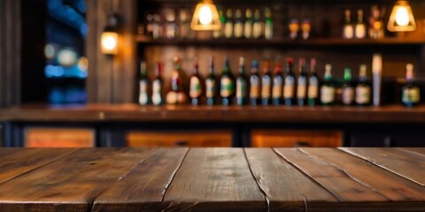 Rustic empty wooden table top of bar counter liquor store with copy space for your decoration. Vintage pub interior, Restaurant space. Abstract blurred bar background for product placement - obrazy, fototapety, plakaty
