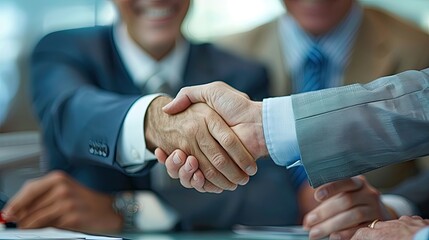 a smiling year old businessman shaking hands with his partner after signing an agreement during an office meeting  - obrazy, fototapety, plakaty