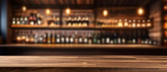 Fototapeta na wymiar Rustic empty wooden table top of bar counter liquor store with copy space for your decoration. Vintage pub interior, Restaurant space. Abstract blurred bar background for product placement