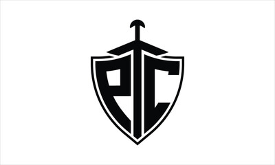 PC initial letter shield icon gaming logo design vector template. batman logo, sports logo, monogram, polygon, war game, symbol, playing logo, abstract, fighting, typography, icon, minimal, knife logo