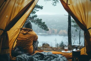 A solitary camper sits in contemplation, gazing out at a misty mountainous landscape from the shelter of his tent. - obrazy, fototapety, plakaty