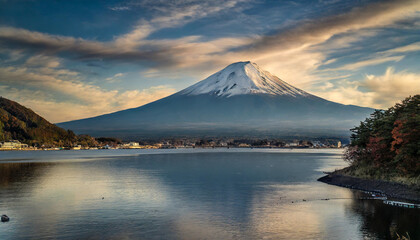 Majestic Mount Fuji with serene light clouds in distance
