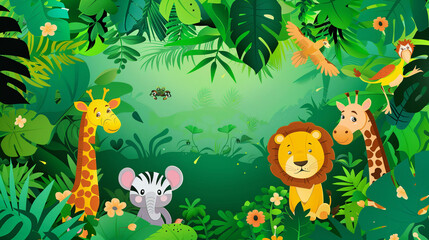 Obraz na płótnie Canvas Bright tropical background with cartoon jungle animals 
