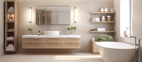 A light, modern bathroom featuring a bathtub, sink, and mirror. The sleek design of the tub and sink contrasts with the warmth of the wooden chest of drawers.