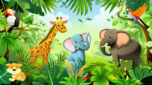 Bright tropical background with cartoon jungle animals 