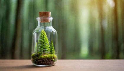 Glass jar holds lush forest, symbolizing nature preservation. Simple background, space for caption