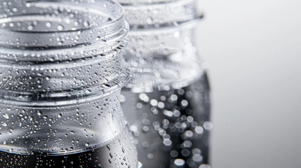 A closeup of two plastic bottles one made of traditional plastic and the other of bioplastic. The traditional plastic bottle has a clear rigid look with no visible distortions - obrazy, fototapety, plakaty