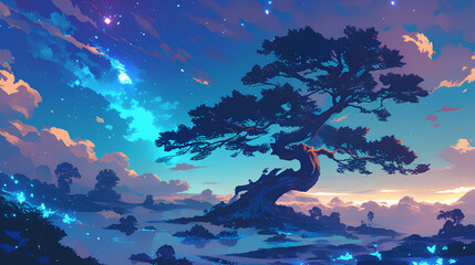 illustration of a large tree of life with a colored sky background