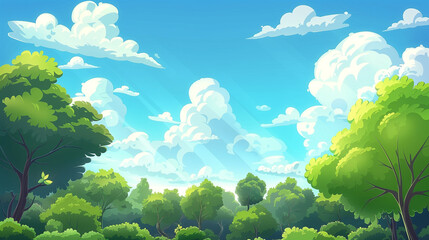 Cartoon background for game and animation Green forest with blue sky and clouds Landscape  - obrazy, fototapety, plakaty