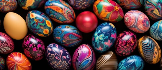 Fototapeta na wymiar A pile of vibrantly painted Easter eggs stacked on top of each other, showcasing an array of bright colors and intricate designs. These eggs are a festive display for Easter celebrations.