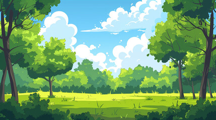 Cartoon background for game and animation Green forest with blue sky and clouds Landscape 