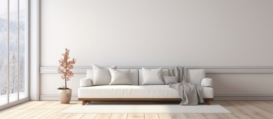 A minimalist living room featuring a white couch placed on a wooden floor with a matching white rug underneath.