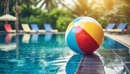 colorful beach ball floats on luxurious pool, inviting relaxation and fun in the sun