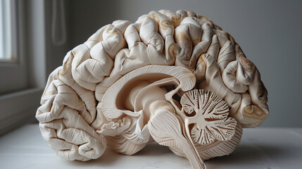 Réplique de cerveau faite en origami représentant les fonctions cérébrales et cognitives ainsi que la maladie mentale