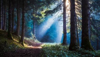 Mystical Forest with beaming light through the trees
