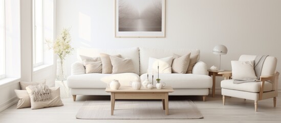 A white living room filled with furniture including a sofa, chairs, and tables. On the wall hangs a painting as a focal point in the Scandinavian interior design setting.