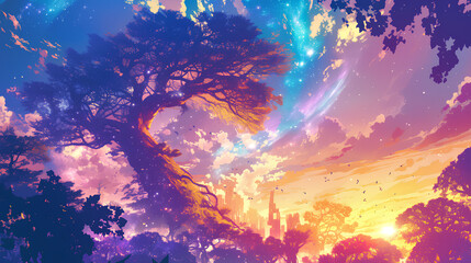 illustration of a large tree of life with a colored sky background