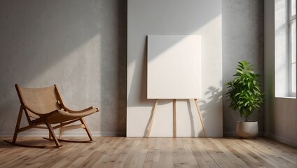 A laminate floor and white wall setting featuring a blank canvas mockup leaning for an artist's presentation Generative AI