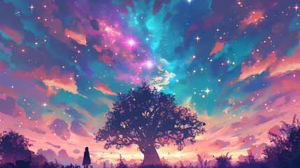 illustration of a large tree of life with a galaxy and stars in the background - obrazy, fototapety, plakaty