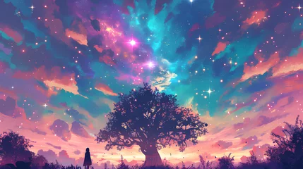 Fotobehang illustration of a large tree of life with a galaxy and stars in the background © Adja Atmaja