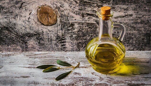 Azeite de oliva em objeto de vidro sobre madeira com textura grunge. Alimento, Saud&aacute;vel, Liquido.