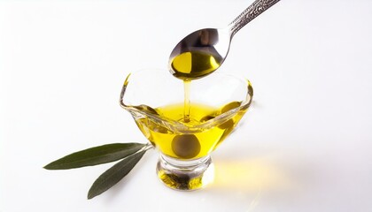 Azeite de oliva sendo derramado em objeto de vidro. Fundo branco. Isolado no branco. 
