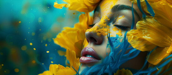 Close-up of girl's makeup face with yellow-azure flowers and feathers. Fashion and beauty concept.