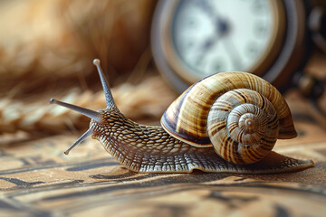 Snails careful pace beside a classic pocket watch emphasizing slow deliberate progress and times value