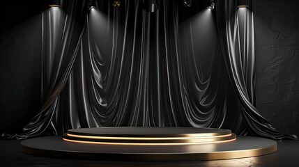 3d podium black background and fabric curtain with spotlight luxury - generative ai - obrazy, fototapety, plakaty