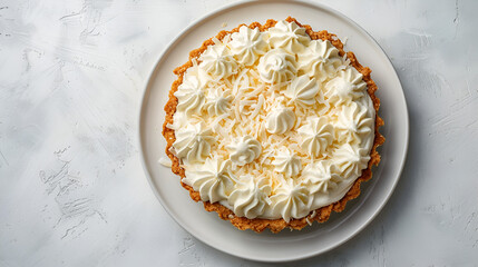 Coconut Cream Pie On White Plate, generative ai