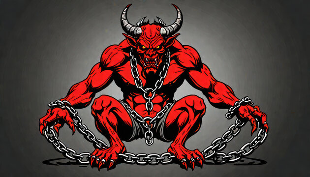 illustration of a devil or illustration of a devil with horns or illustration of a red and black devil or chained devil or devil with chained or demon with chained