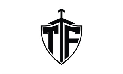 TF initial letter shield icon gaming logo design vector template. batman logo, sports logo, monogram, polygon, war game, symbol, playing logo, abstract, fighting, typography, icon, minimal, knife logo