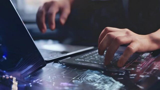 AI, data science, digital technology concept. Computer programmer using digital tablet with AI machine learning, data management system, cloud computing technology, software development