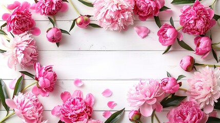 blank greeting card in frame made of pink peony flowers over white wooden table with copy space. flower composition. top view. flat lay. nature concept ,generative ai, 