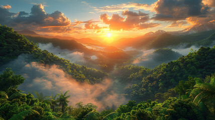 Breathtaking sunrise over misty mountains with lush greenery and vibrant skies.