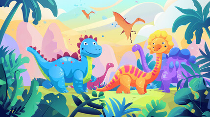 Fototapeta na wymiar colorful cute dinosaurs in prehistoric scene 