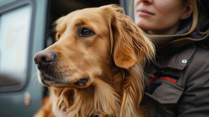 Candid portrait of labrador dog with human owner inside a camper van.