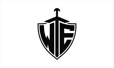 WE initial letter shield icon gaming logo design vector template. batman logo, sports logo, monogram, polygon, war game, symbol, playing logo, abstract, fighting, typography, icon, minimal, knife logo