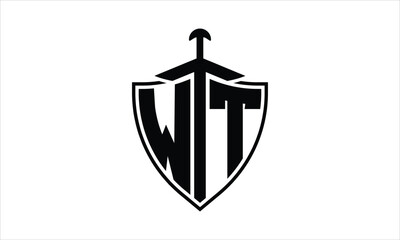WT initial letter shield icon gaming logo design vector template. batman logo, sports logo, monogram, polygon, war game, symbol, playing logo, abstract, fighting, typography, icon, minimal, knife logo