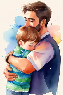 Father and son hugging each other. Watercolor painting. Illustration.