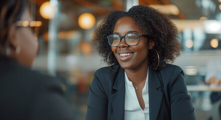 Confident and Friendly Young Businesswoman Smiling during conversation - obrazy, fototapety, plakaty
