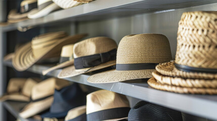 A wall lined with shelves holds an array of vintage hats in various shapes and sizes from floppy sun hats to structured fedoras adding a touch of charm and individuality to - obrazy, fototapety, plakaty