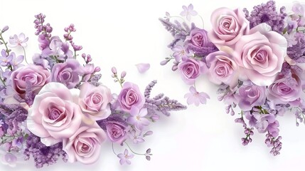 Blooming spring flowers garland of purple roses, sakura and lilac. Label with rose and sacura flowers.,generative ai, 